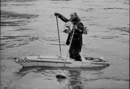 Mr Wozniak takes a walk on the Thames in an earlier version of his Skinoes in 1966.