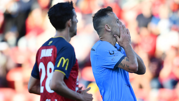 Deyvison Da Silva of Sydney FC reacts to a missed shot at goal against Adelaide at Coopers Stadium.