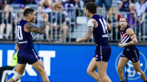 Best on ground: Michael Walters celebrates kicking another major for the Dockers during the round 3 clash against St Kilda at Optus Stadium in Perth.