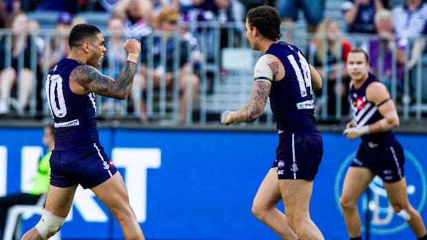 Best on ground: Michael Walters celebrates kicking another major for the Dockers during the round 3 clash against St Kilda at Optus Stadium in Perth.