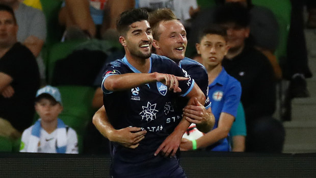 On song: Paulo Retre scores for Sydney FC.
