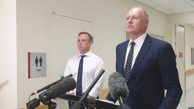 Queensland Health Minister Steven Miles (left) and Queensland Health Director General John Wakefield addressing media about screening issues at Redland Hospital.