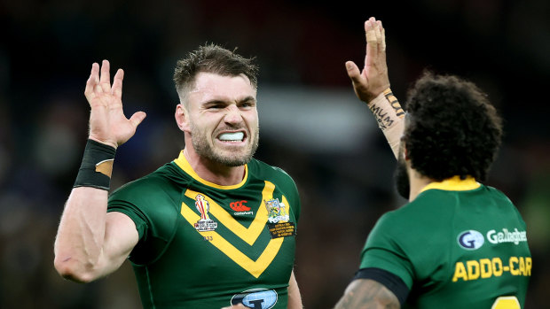 Angus Crichton celebrates with Josh Addo-Carr.