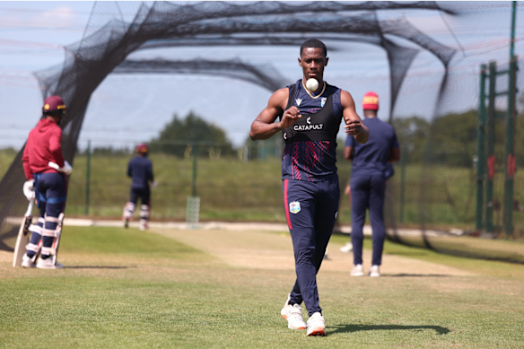 Shamar Joseph at West Indies training. 