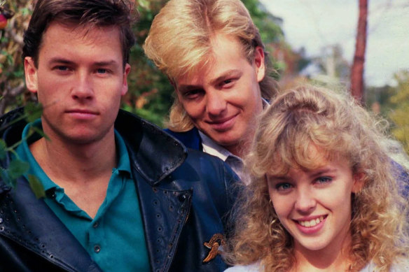 Original Neighbours cast members Guy Pearce, Jason Donovan and Kylie Minogue whose careers began on the soapie.
