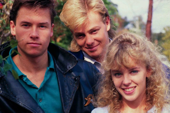Guy Pearce (left), Jason Donovan and Kylie Minogue became major stars in Australia and the UK during Neighbours’ 1980s ratings peak.