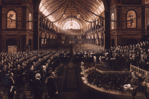 The first sitting of the Commonwealth parliament at the Royal Exhibition Building in Melbourne, 1901.