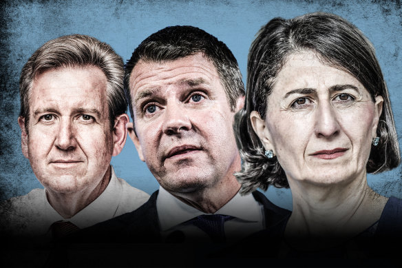 The Coalition Decade of premiers: Barry O’Farrell, Mike Baird and Gladys Berejiklian. 