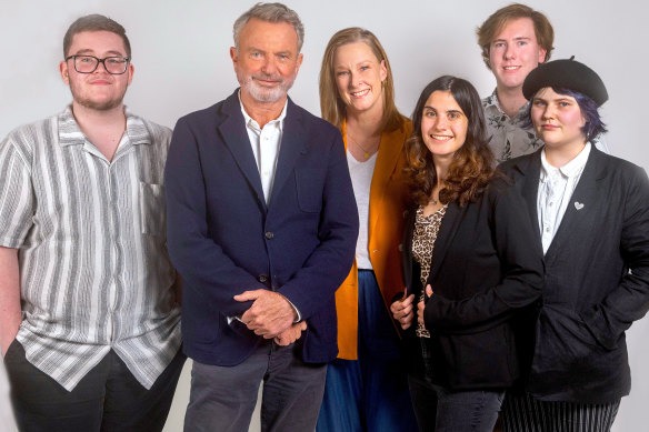 The Assembly participants (from left) Dale, Stephanie, Jackson and Evie with Sam Neill and Leigh Sales.