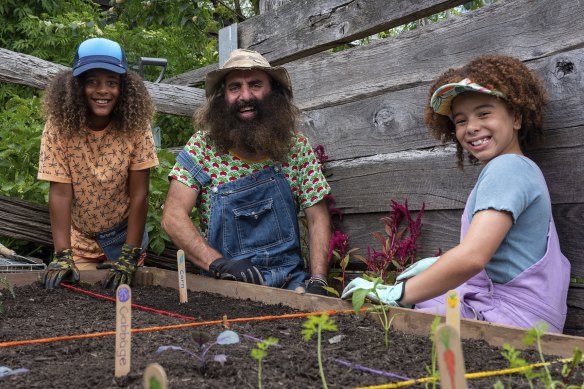 Reggie Swao, Costa Giorgiadis and Molly Moriarty in Gardening Australia Junior.