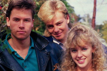 Original Neighbours cast members Guy Pearce, Jason Donovan and Kylie Minogue whose careers began on the soapie.