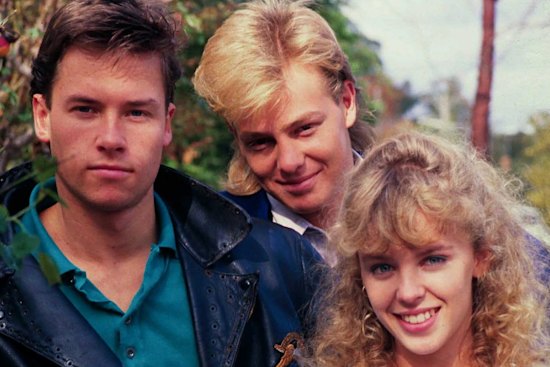 Guy Pearce (left), Jason Donovan and Kylie Minogue in the Neighbours heyday.