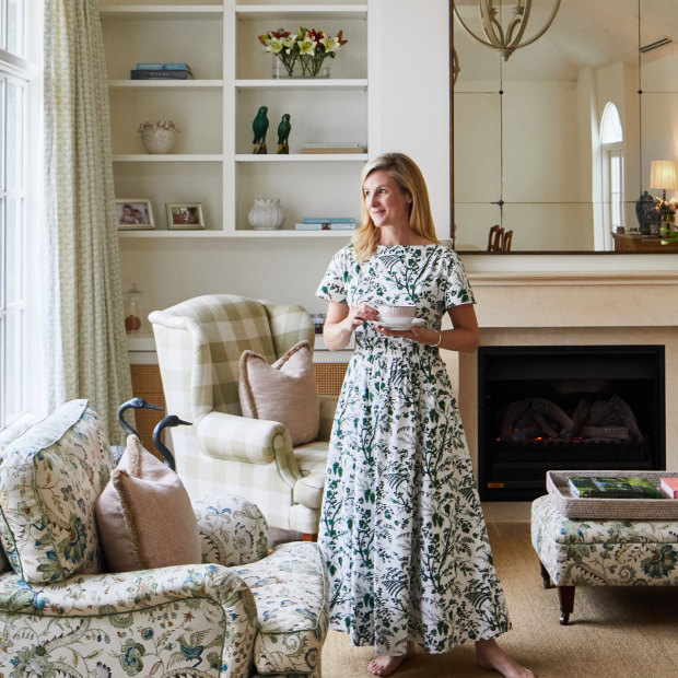 “I love the sense of space the pitched roof gives the room,” says Monique. “The armchairs were custom made in imported fabrics by decorator Adelaide Bragg.”