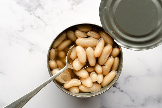 Stock image of a tin of white beans with a spoon in it