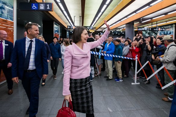 In May 2019, the then NSW premier Gladys Berejiklian and then transport minister Andrew Constance at the opening of Metro Northwest, the first stage of the new metro network.   