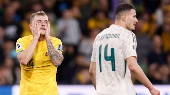 Riley McGree’s face says it all about the Socceroos’ clash with Saudi Arabia.
