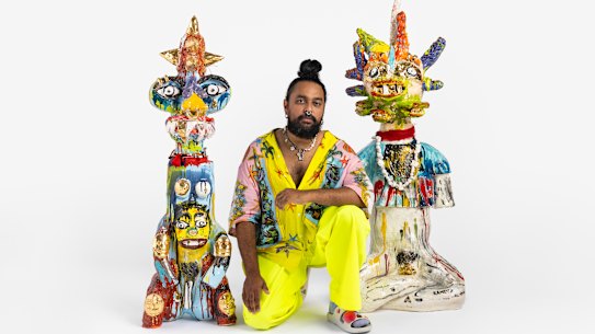 Ramesh Mario Nithiyendram with works from his new show <i>Undergod</i>.