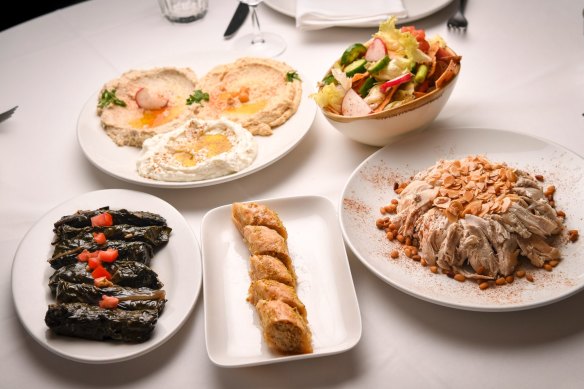 Clockwise from top left: Mixed dips, fattoush, chicken and rice, baklava and silverbeet rolls might feature in the Lebanese banquet at Abla’s.