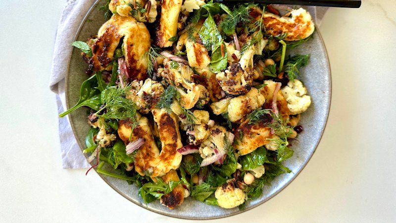 Sarah Pound shares a roasted cauliflower, chickpea and halloumi salad recipe