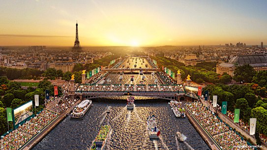 An artist’s rendering of the athletes’ parade on the Seine.