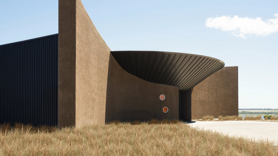 The rendered masonry walls are in mocha and coffee hues that evoke the silted residue over a stingray.