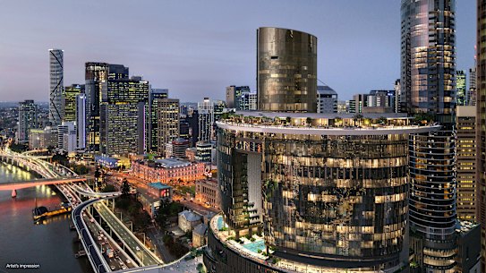 The first of three sections of structural steel to support the Sky Deck have been lifted into place at the Queens Wharf Casino.