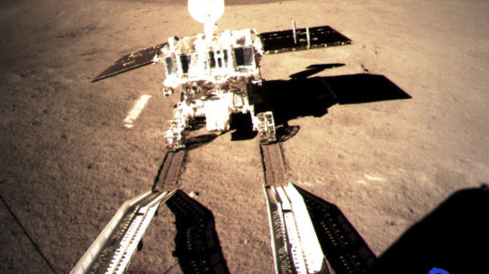 Jade Rabbit, China's lunar rover, leaves wheel marks after leaving the lander that touched down on the surface of the far side of the moon.