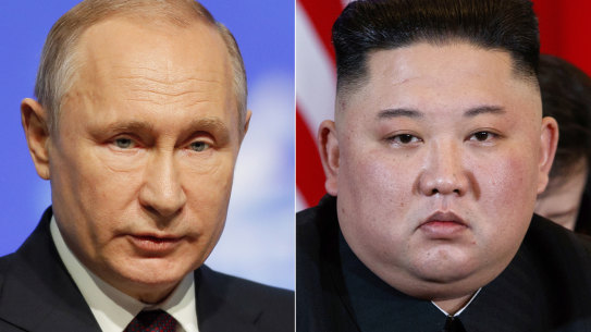Russian President Vladimir Putin, left, in St Petersburg, Russia,and North Korean leader Kim Jong-un in Hanoi, Vietnam.