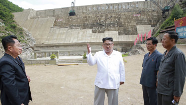 Kim Jong-un visits the construction site of a hydroelectric power plant in North Hamgyong Province, North Korea, last year.