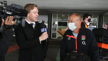 England coach Eddie Jones faces the media on arrival at Perth Airport.