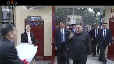 In this image made from video released on Wednesday by North Korean broadcaster KRT, North Korean leader Kim Jong-un visits the North Korean embassy in Hanoi, Vietnam. 