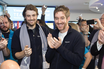 Atlassian founders Mike Cannon-Brookes and Scott Farquhar after listing on the NASDAQ in 2015.