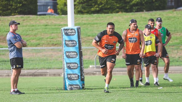 Tigers coach Michael Maguire watches on at training.