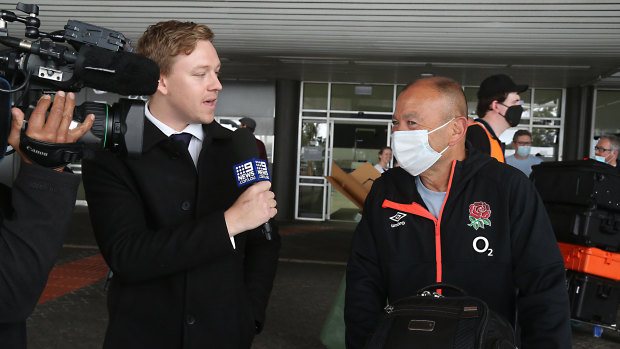 England coach Eddie Jones faces the media on arrival at Perth Airport.