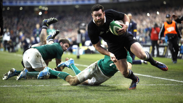 Late, late show: Ryan Crotty scores in the 82nd minute to draw scores level in Dublin in 2013. Aaron Cruden converted for a famous win.