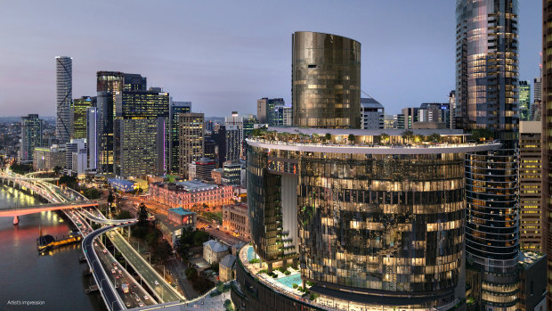 The first of three sections of structural steel to support the Sky Deck have been lifted into place at the Queens Wharf Casino.