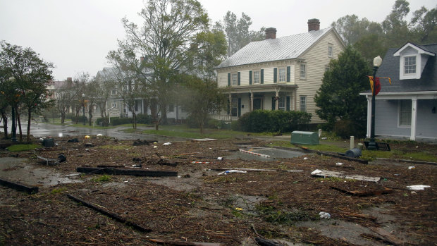 Debris from Hurricane Florence covers a street in downtown New Bern, North Carolina.