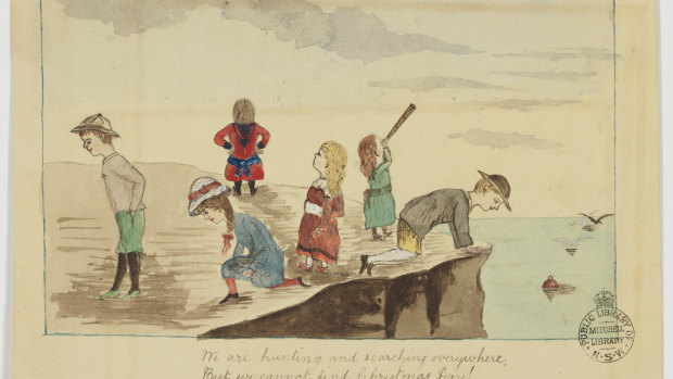 In this card, children are hunting for Christmas. The caption reads: 'We are hunting and searching everywhere, But we cannot find Christmas Day.'
