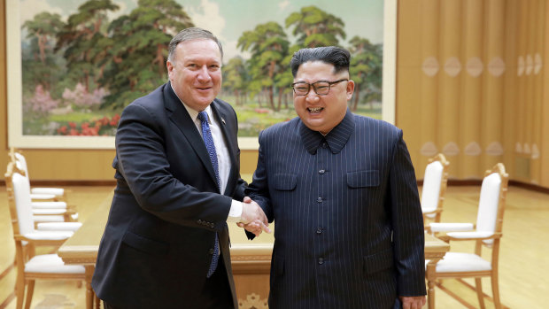US Secretary of State Mike Pompeo, left, shakes hands with North Korean leader Kim Jong-un during his second visit to North Korea.