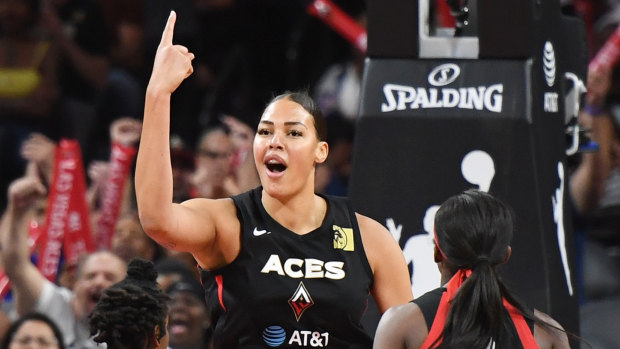 Liz Cambage reacts after scoring against the Washington Mystics for the Las Vegas Aces during the 2019 WNBA Playoff semi-finals.