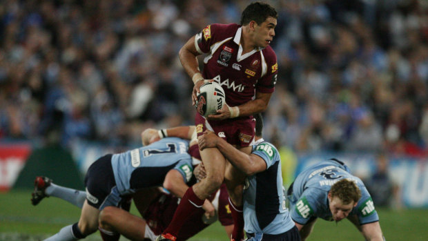 In his prime: Greg Inglis leaves the Blues scrambling in Origin III in 2008.