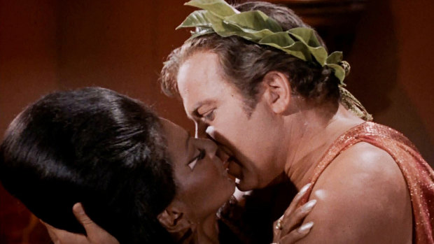 American television's first interracial kiss, between Star Trek’s Captain Kirk and Lieutenant Uhura.