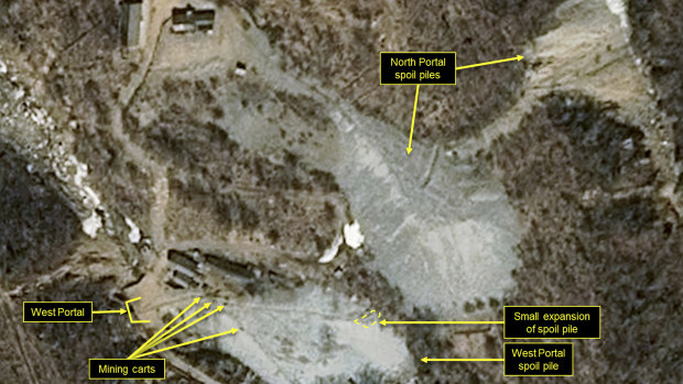 This satellite image released and notated by Airbus Defense & Space and 38 North shows the Punggye-ri nuclear test site on March 30.