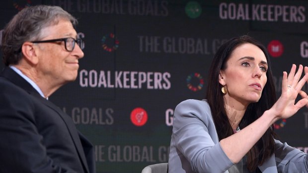 Bill Gates looks on as New Zealand Prime Minister Jacinda Ardern speaks at an event organised by the Bill & Melinda Gates Foundation in New York. 