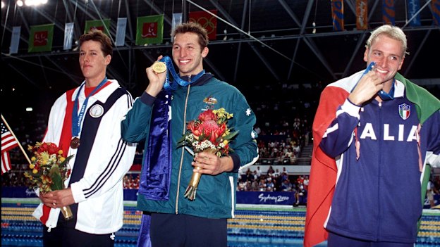 Ian Thorpe after winning gold in the 400m freestyle at the Sydney 2000 Olympics.