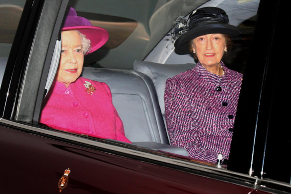 Britain’s Queen Elizabeth II, left, and her then lady in waiting, Lady Susan Hussey in 2011.