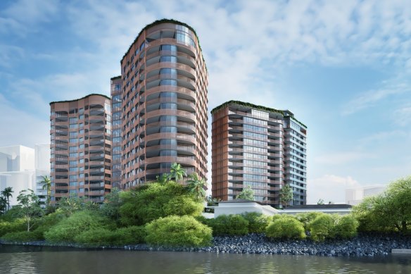 Brisbane City Council’s proposed green bridge would have landed at the site of the tower on the left.