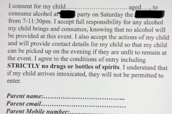 A waiver regarding alcohol a parent has received.