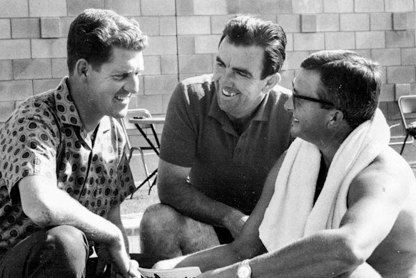 Australian Test players Ron Gaunt (left) who played his first Test against South Africa with captain Bob Simpson and Richie Benaud.