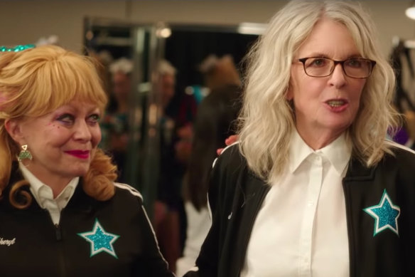 Jacki Weaver, 72 and Diane Keaton, 73, in a scene from Poms, about a team of mature-age cheerleaders.